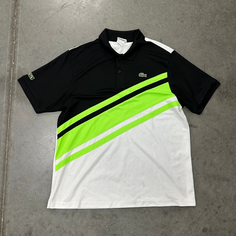 Lacoste Sport Mens Polo Shirt Size 7 XL Black White Neon Green Colorblock Tennis